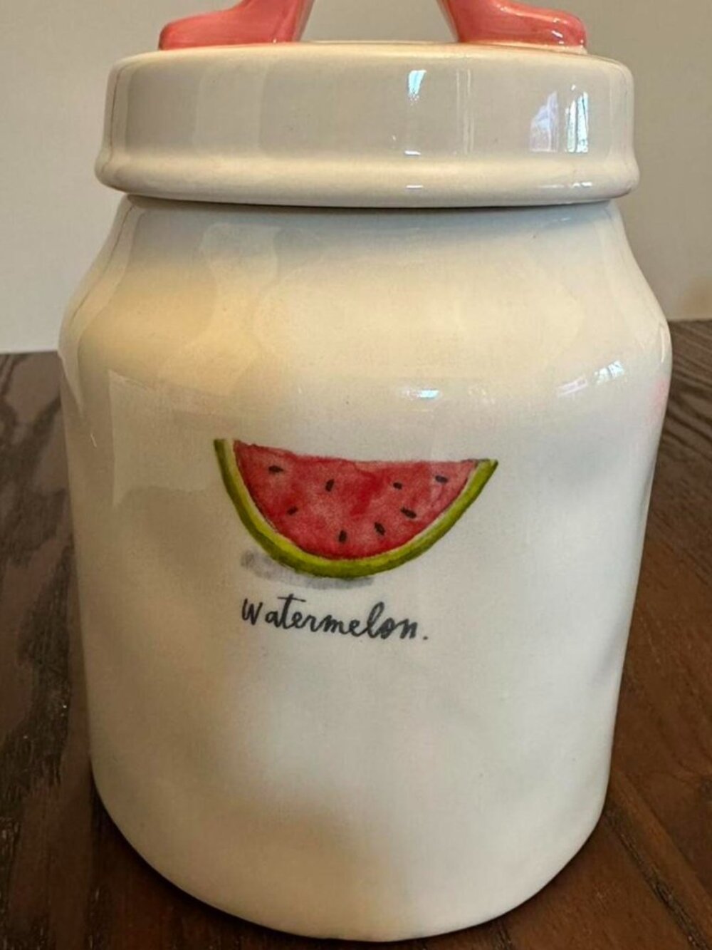 RAE DUNN Rare Watermelon Ceramic Cookie Jar with Pink Handle.